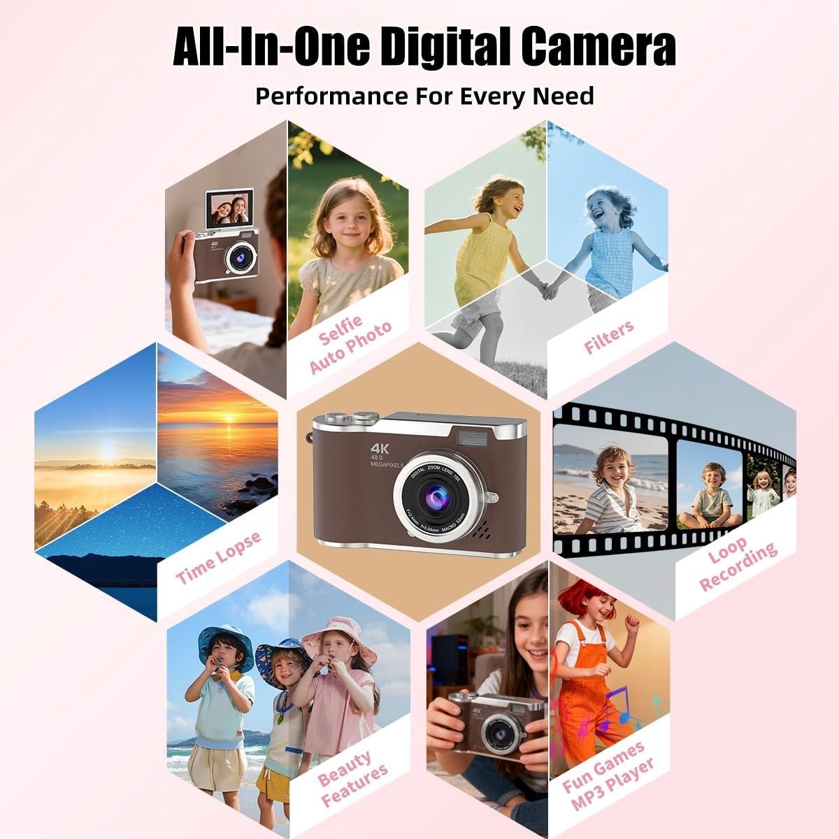 Digitale camera - 4K Digitale Camera 48MP met Flip Screen – Selfiecamera met 8x Zoom + 32GB Geheugenkaart - met 2,4 inch HD-kantelscherm, ingebouwd LED-invullicht - Vlogcamera - digitale camera kinderen - voor tieners en studenten (Bruin) thumbnail 5