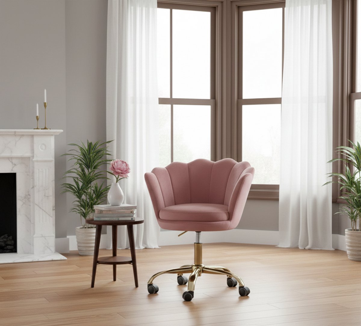 Bureaustoel Velvet – Luxe Draaistoel met Gouden Poten, In Hoogte Verstelbare Comfort Stoel voor Slaapkamer, Make-up Tafel & Kantoor – Roze – Ergonomisch & Modern Design – House&Garden
