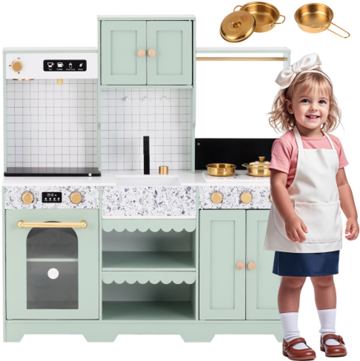 Kinderkeuken, speelkeuken - creatief ontwerp, accessoires en verrassingseffecten, een uitstekend cadeau voor kinderen vanaf 3 jaar, hout + kunststof, groen, 30x90x98 cm