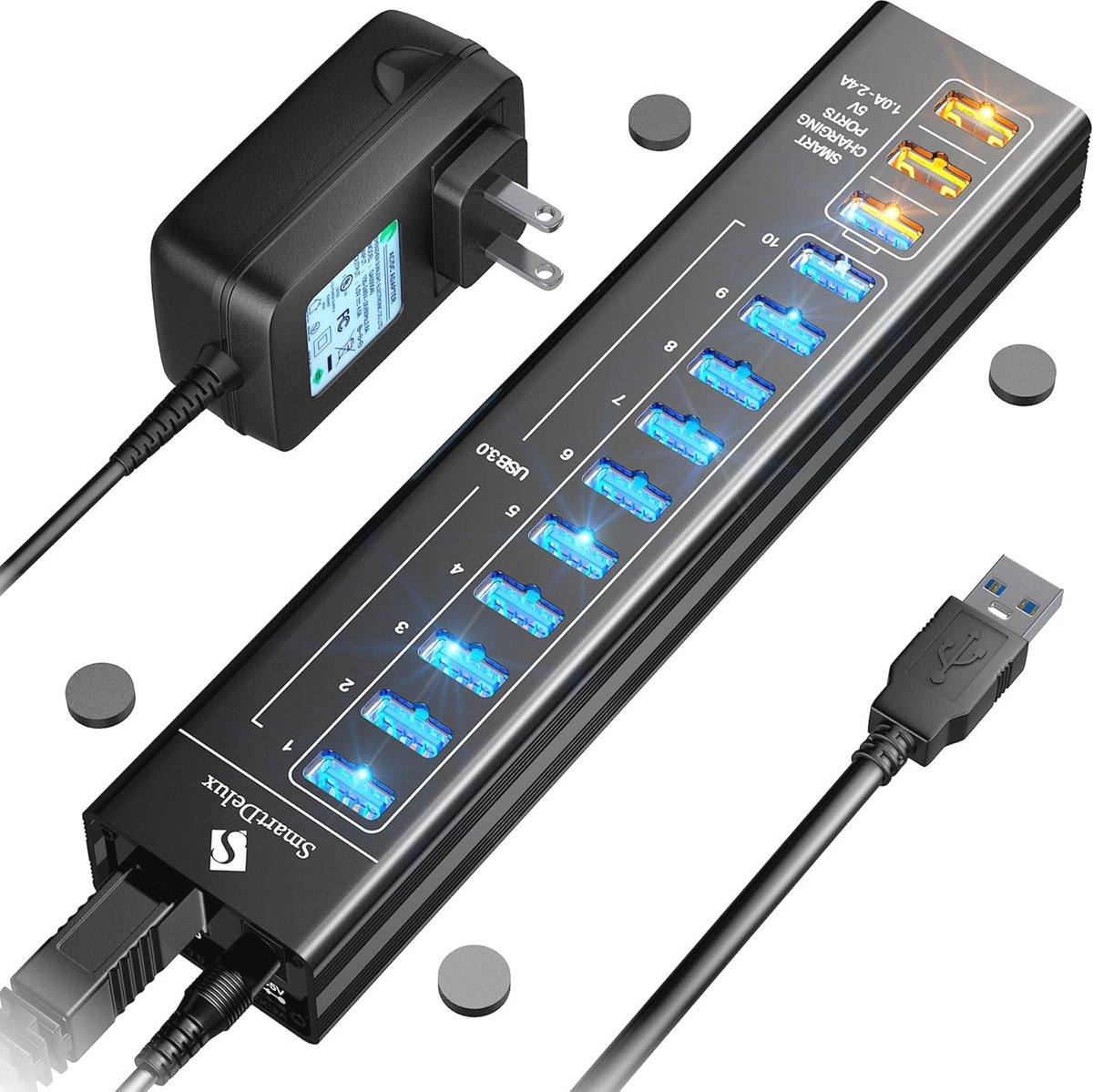 Aluminium USB-hub 13 poorten met slimme oplaadfuncties - Zwart