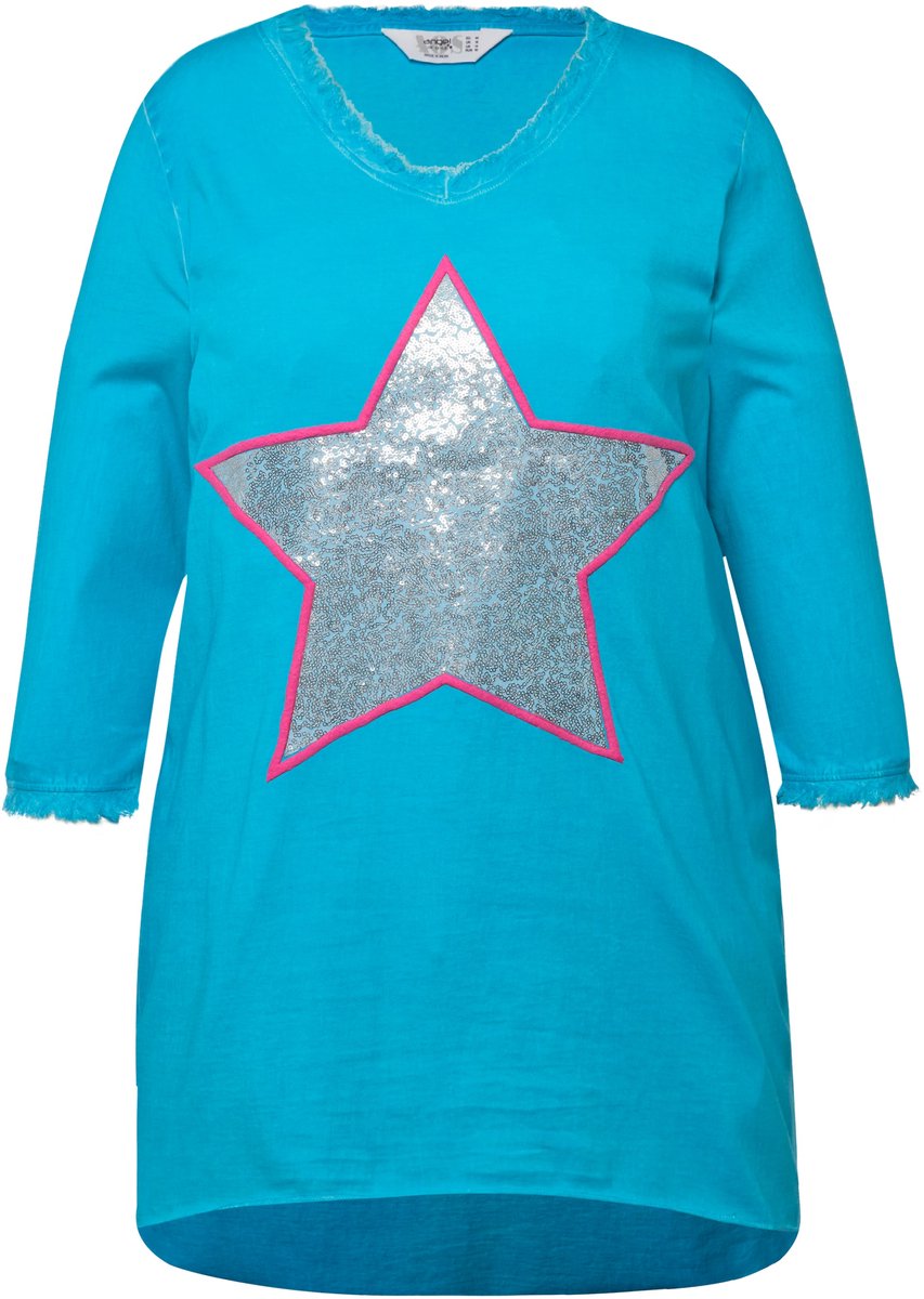 Angel of Style - Dames - T-shirt A-lijn ster van pailletten V-hals 3/4-mouwen - Turkoois - Maat 48