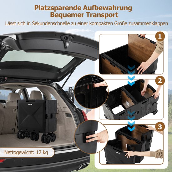 COSTWAY Bolderkar, opvouwbaar, handwagen met tafelblad, 2 opbergkisten, verstelbare handgreep en bekerhouders, 150 l, tuinwagen tot 60 kg belastbaar, transportwagen voor camping (zwart) van Costway — afbeelding 2