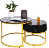 Casamoda Salontafel set van 2 - ø 70/50 cm - Hoogte 36/43 cm - Bijzettafel Rond - Salon Tafel Industrieel - Tafelblad Hout - Goud/Zwart Marmer