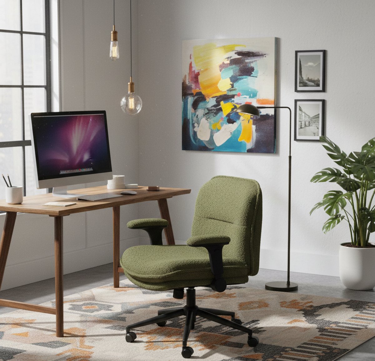 Bureaustoel Ergonomisch – Brede Comfort Stoel met Inklapbare Armleuningen, Dikke 15cm Zitting, Verstelbaar – Ideaal voor Thuiswerken, Gaming & Kantoor – Groen – House&Garden