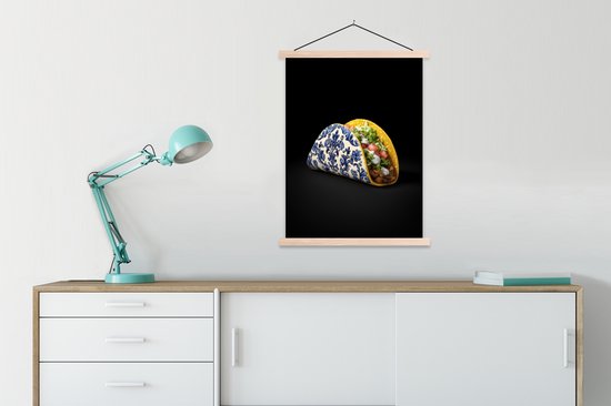 Support pour affiche avec affiche 60x80 cm - Affiche scolaire - Taco - Viande - Salade - Bleu de Delft - Motif - Affiche textile - Lattes vierges
