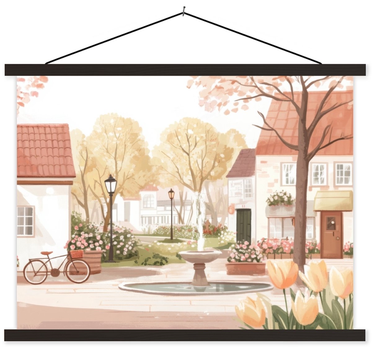 Posterhanger incl. Poster 120x90 cm - Schoolplaat - Dorpsplein - Fontein - Tulpen - Textie