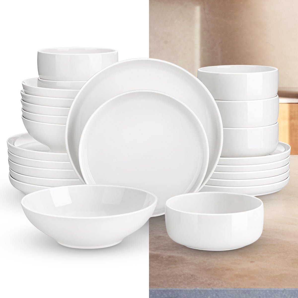 Luxe Serviesset – 24 delig – 6 persoons – Porselein - Bordenset – Dinner platen – Dessertborden - Pastabord - Kommen - Ivoorwit