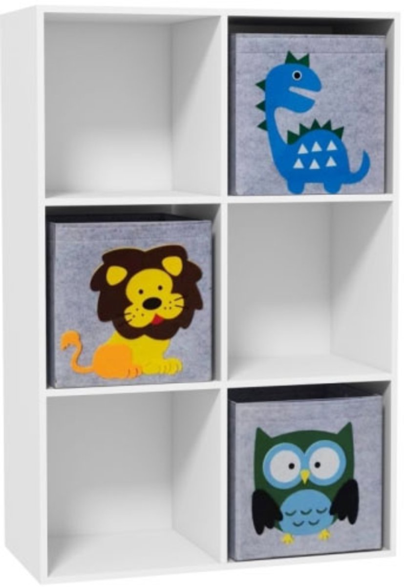 Opbergdoos 61,8x29,9x91,5cm Kinderboekenkast Wit Grijs Hout Speelgoedrek Drie Opbergdozen Geschikt Voor Kinderkamer