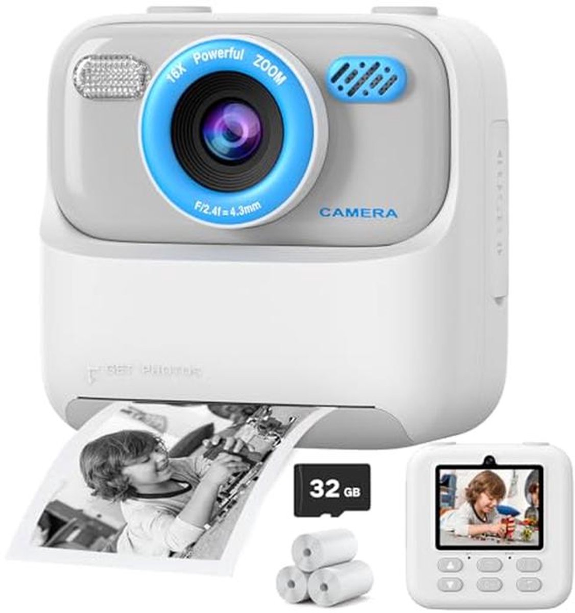 Digitale camera voor kinderen - 1080P HD, dual-lens selfie camera, inclusief printpapier en 32G-kaart, ideaal als kerst- en verjaardags cadeau