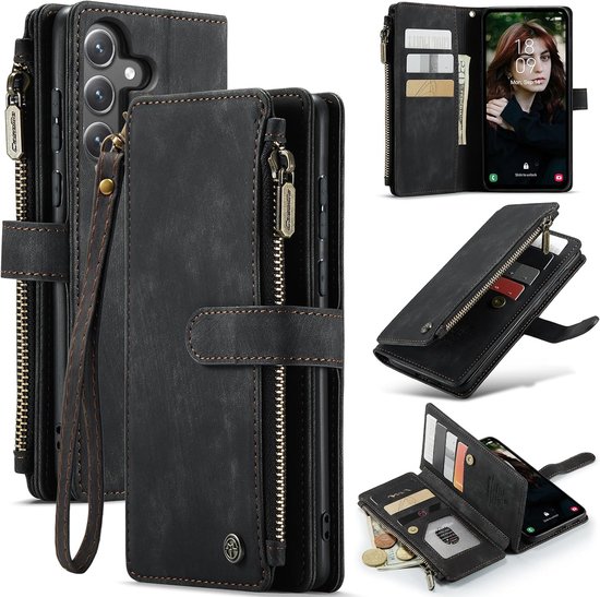 CaseMe – Étui de téléphone compatible avec Samsung Galaxy S24 FE – Wallet Fermeture Éclair Book Case – Fermeture Magnétique & Portefeuille – Cuir PU – Zwart