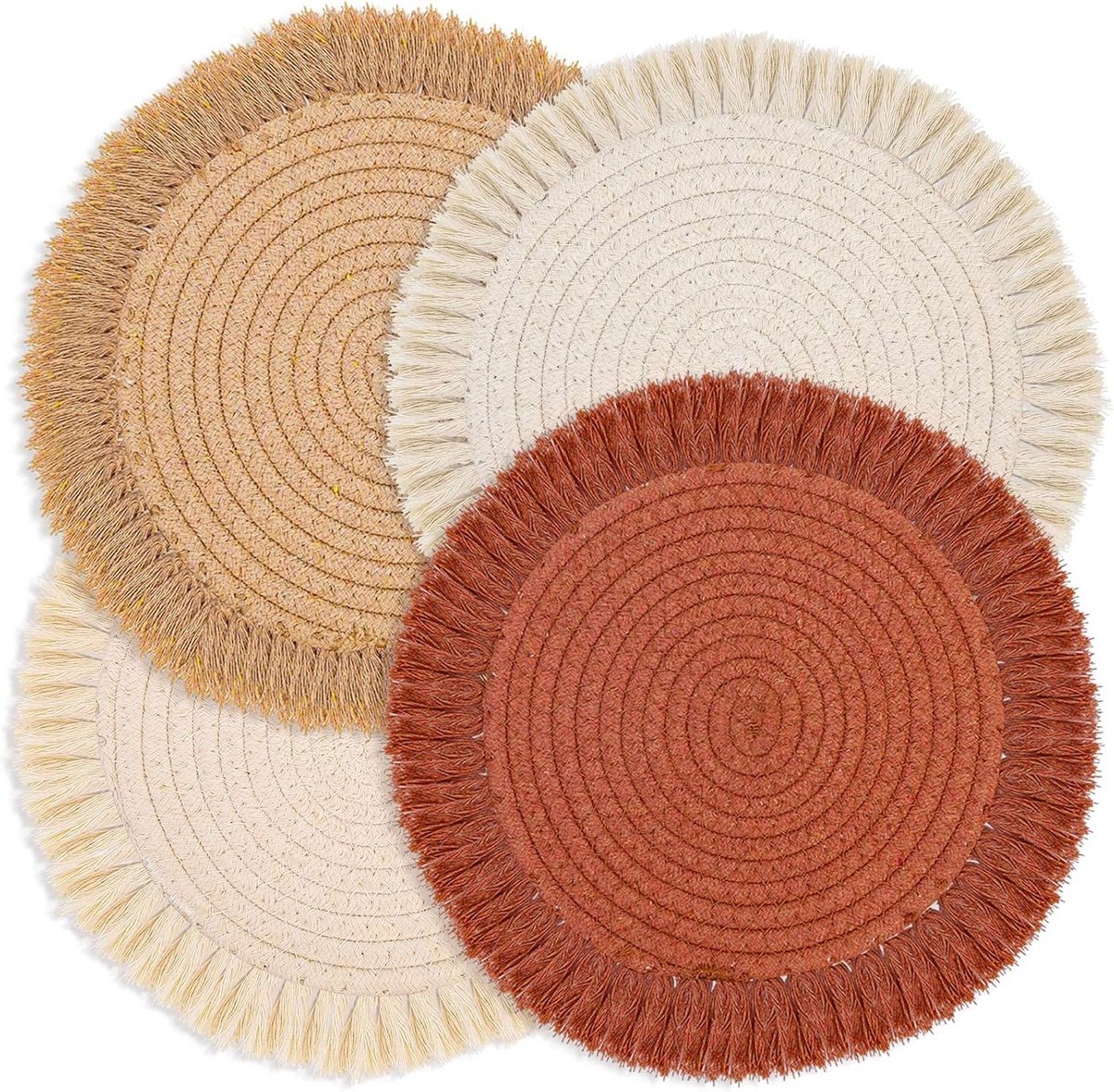 Set van 4 Ronde Katoenen Placemats - Boho Woven Tafelmatten 30,5 cm - Wasbaar en Hittebestendig