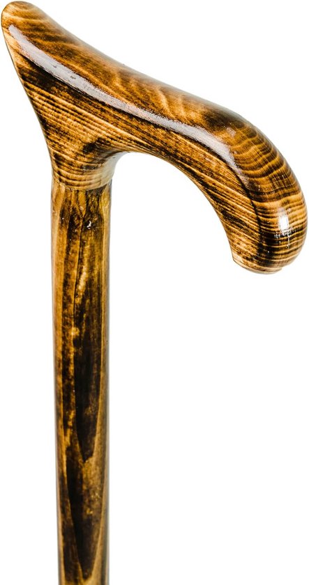 Houten wandelstok met gebogen handvat, bruin met donkere houtnerven.