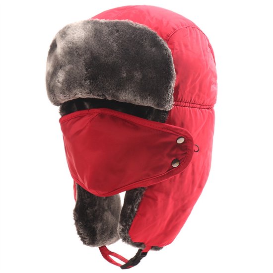 Wintermuts - Oorkleppen - Unisex - Sneeuwdichte en warme pilotenmuts - Winddichte muts van imitatiebont - Afneembaar gezichtsmasker - Geschikt voor skiën, schaatsen en andere buitenactiviteiten - Rood