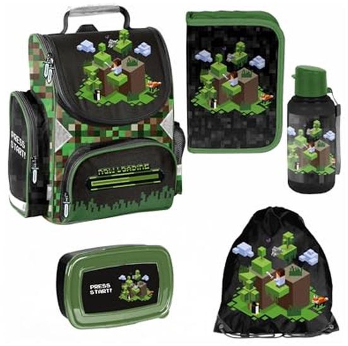 6-delige schooltas set voor kinderen met etui, schoenentas, drinkfles en broodtrommel - gamemotief
