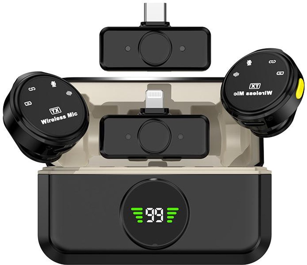 Draadloze mini-lavaliermicrofoon voor iPhone 17/16/15 - Ruisonderdrukkende USB-C-telefoonmicrofoon, magnetische lavaliermicrofoon, Apple + Type-C-interface, 2-naar-2-adapter.