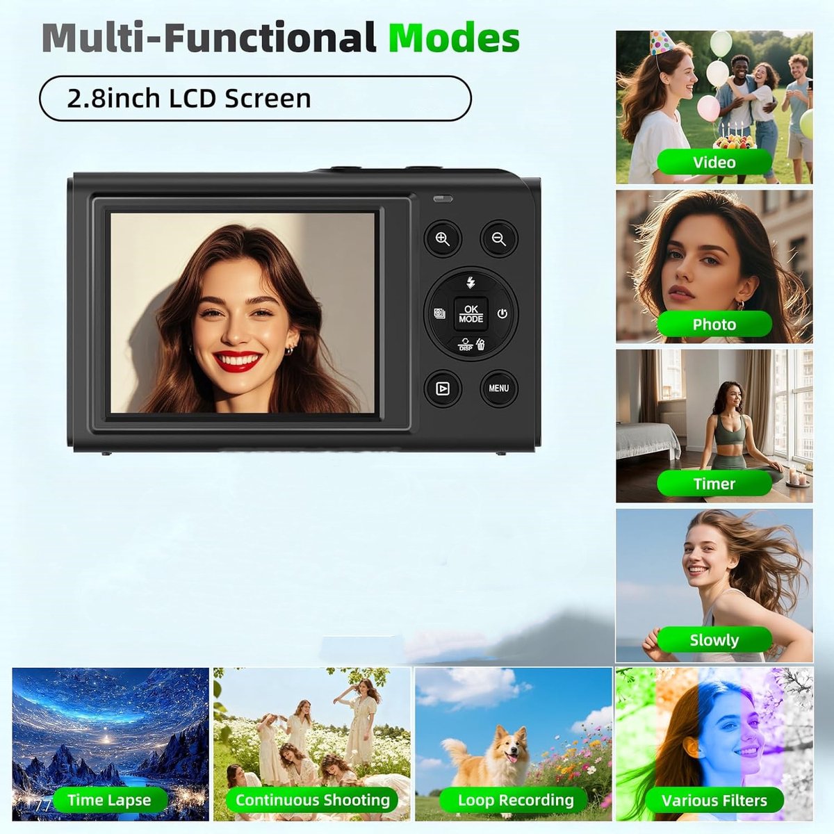 Allesto Camera - 5K Digitale camera - 80MP camera met dubbel scherm voor fotografie en vloggen, 18x zoom, autofocus, invullicht, compacte vlogcamera voor studenten, reizen, tieners en beginners, inclusief 64GB geheugenkaart fototoestel（zwart） thumbnail 3