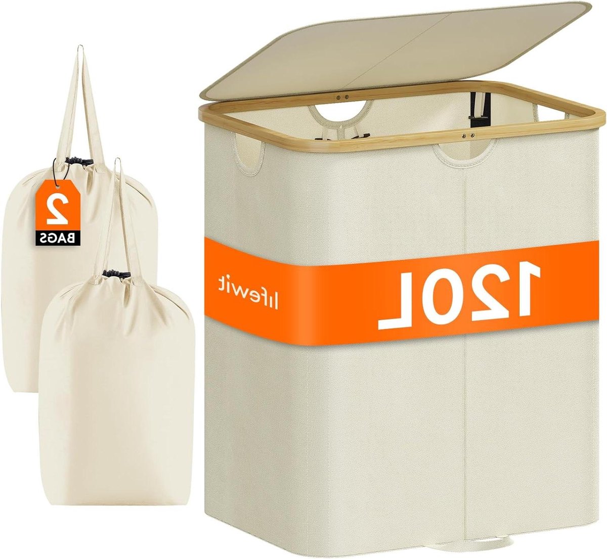 VVGoods - Grote Opvouwbare Wasmand met Deksel en Bamboe Handvatten, Uitneembare Waszak, 120 Liter - Voor Slaapkamer, Badkamer, Waskamer - Beige Kleur