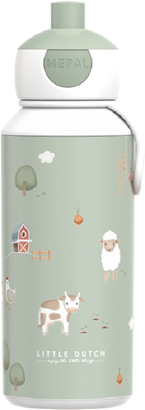 Gourde vert clair Mepal avec un imprimé ferme enfantin. La bouteille montre un mouton, une vache, une poule et une grange.