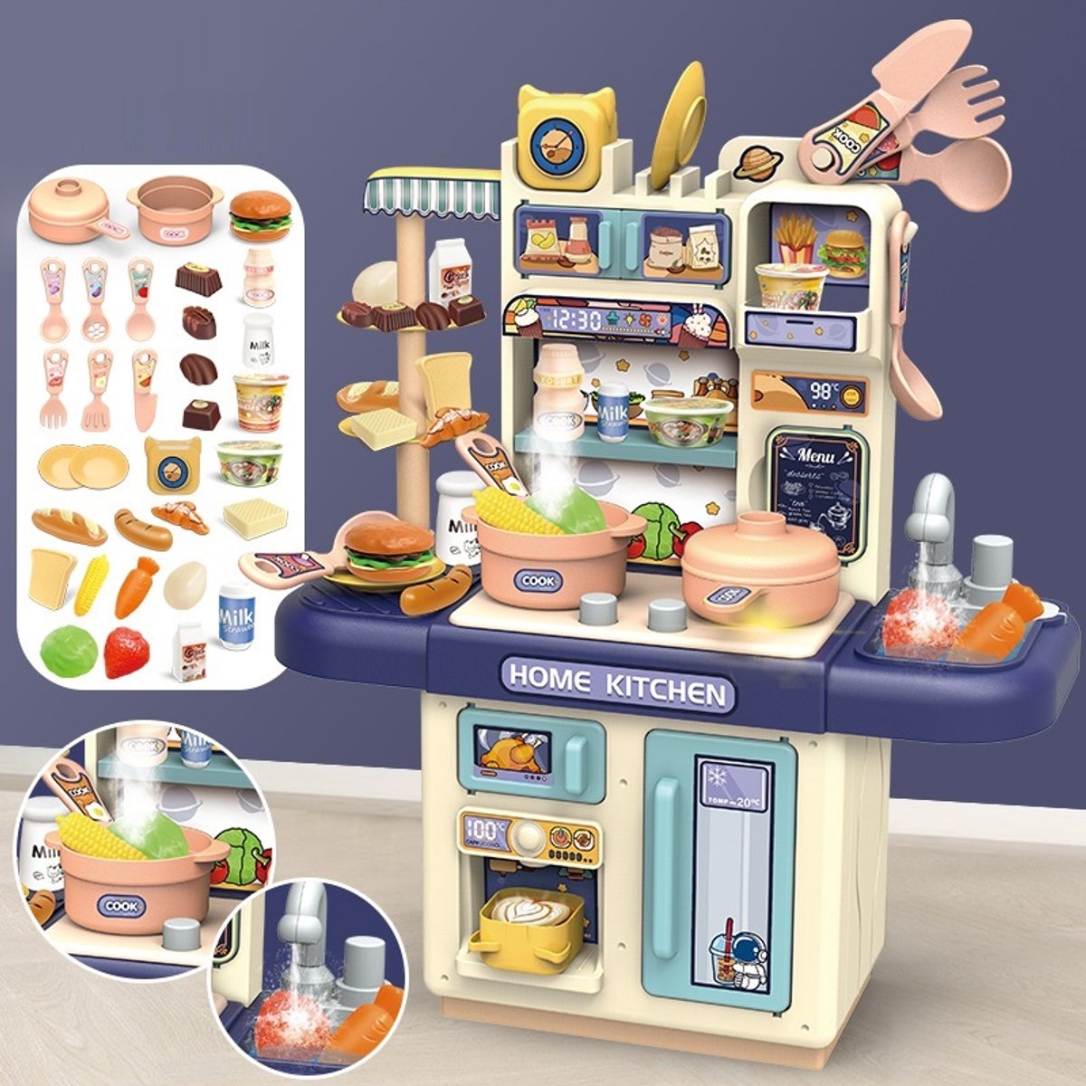 Kinderen speelhuis keuken speelgoed set/simulatie spray water mini servies keukentafel/kinderspeelgoed/vakantie verjaardagscadeau Blauw