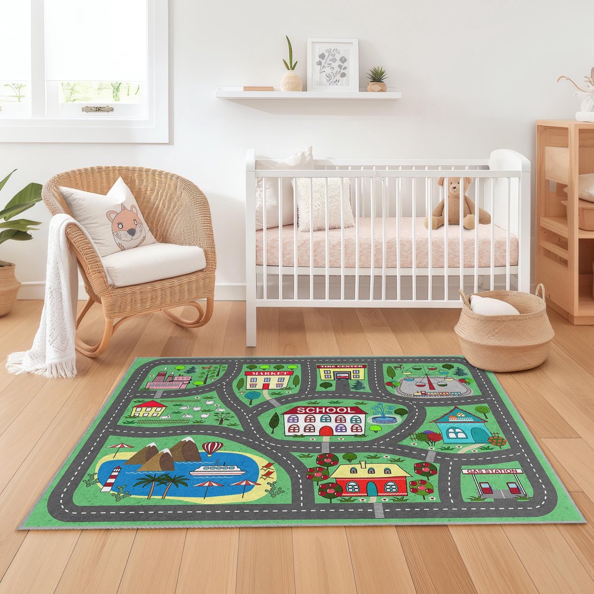 Mila Home Verkeersstad - Kindertapijt Vloerkleed voor Kinderkamer - Educatief - Wasbaar - Antislip - OEKO-TEX Gecertificeerd - Groen Grijs - 100x250 cm - (309 3)
