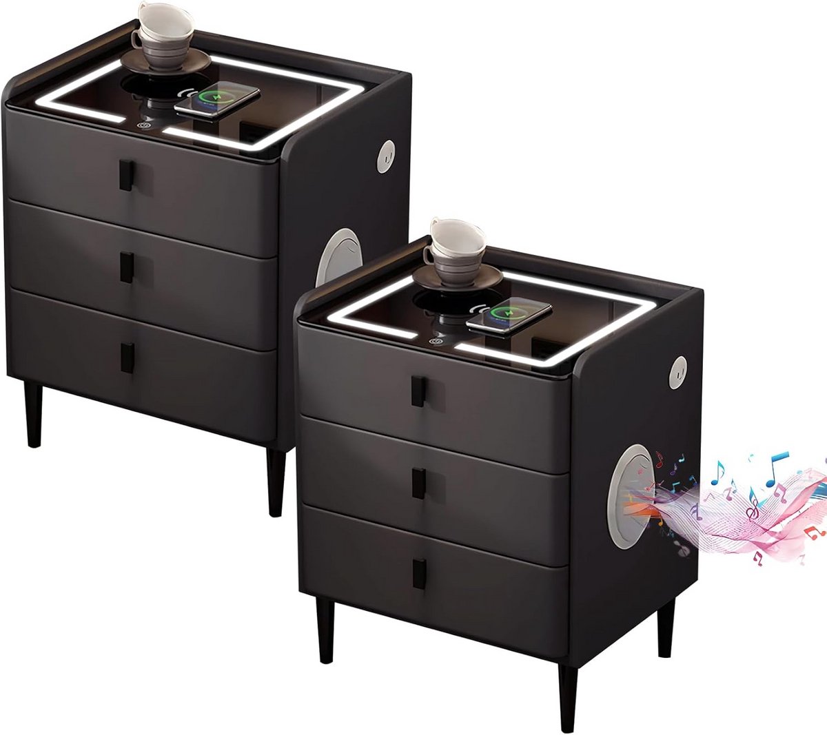 Nachtkastje Set van 2 met Bluetooth Speaker, Draadloos Opladen en USB-Poorten