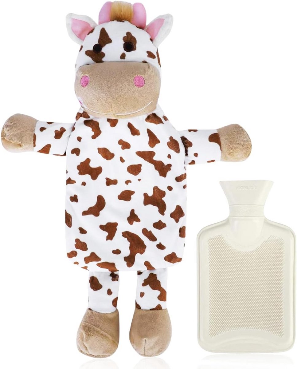 Warme Kruik 750ml met Wasbare Pluche Koeienhoes - Perfect voor Kinderen