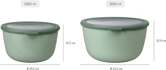 Deux bols verts Mepal Cirqula, 2000 ml et 3000 ml, avec dimensions.