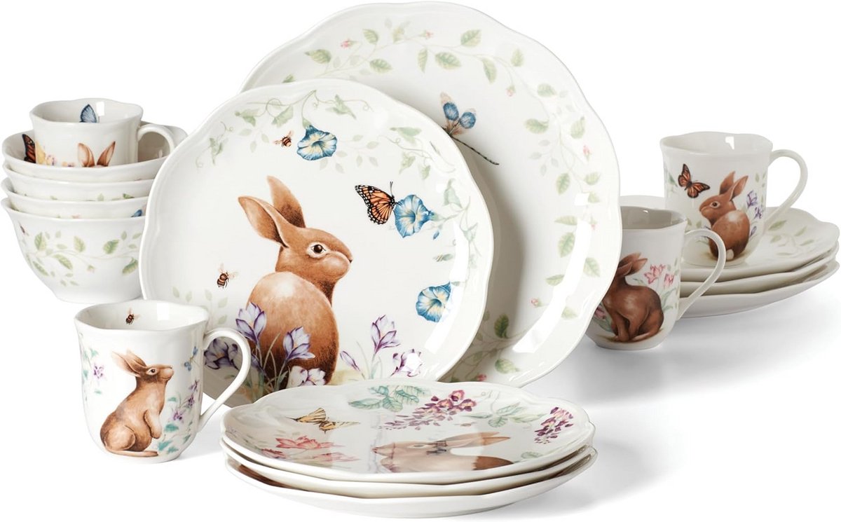 16-delig Porseleinen Servies met Vlinder en Konijn Motief