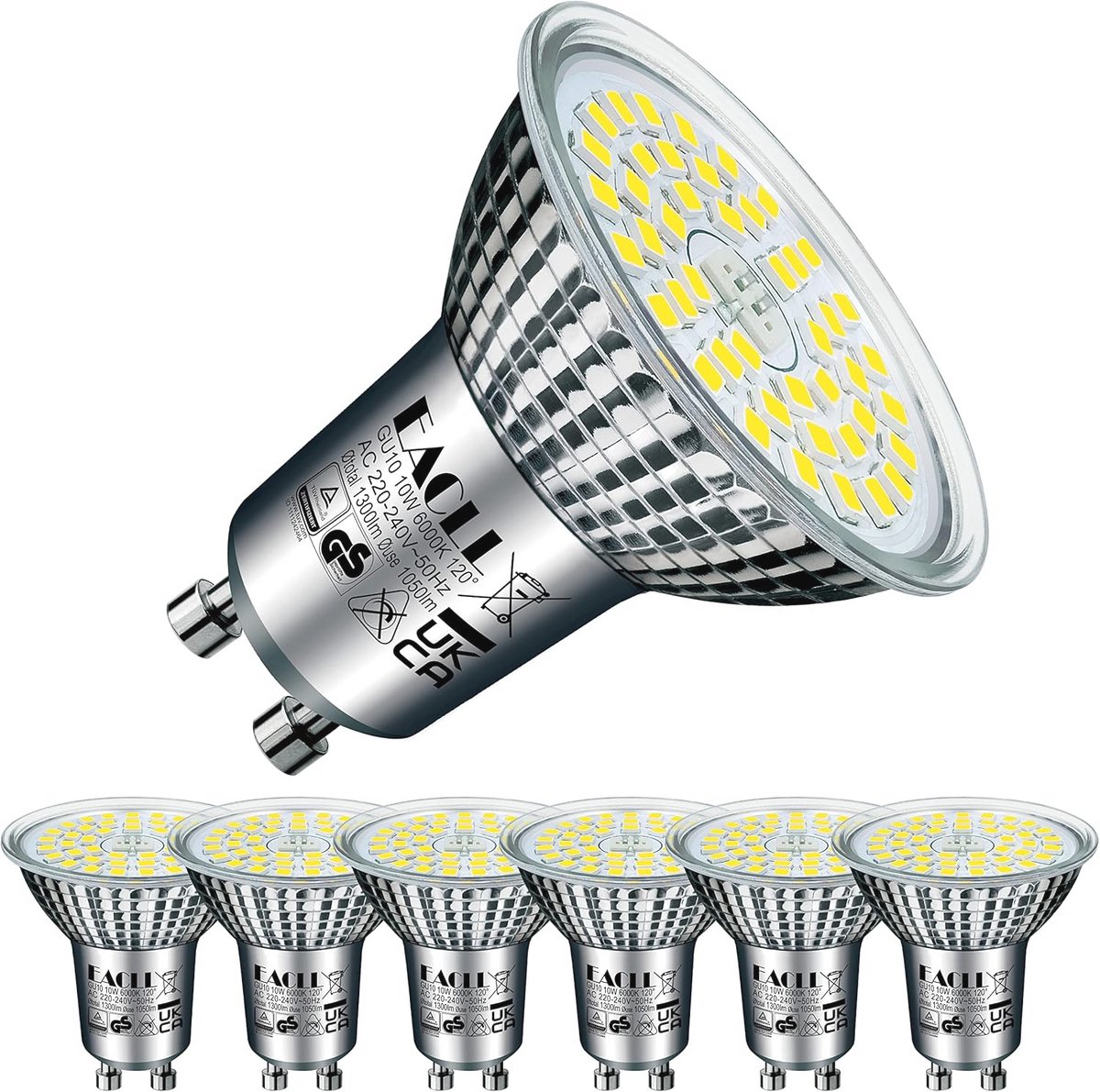 Koel Witte GU10 LED-lampen 10W, Vervanging voor 140W Halogeen, 6-pack, 6000K, 1050lm, Flikkervrije Energiezuinige Verlichting, Geschikt voor Binnen