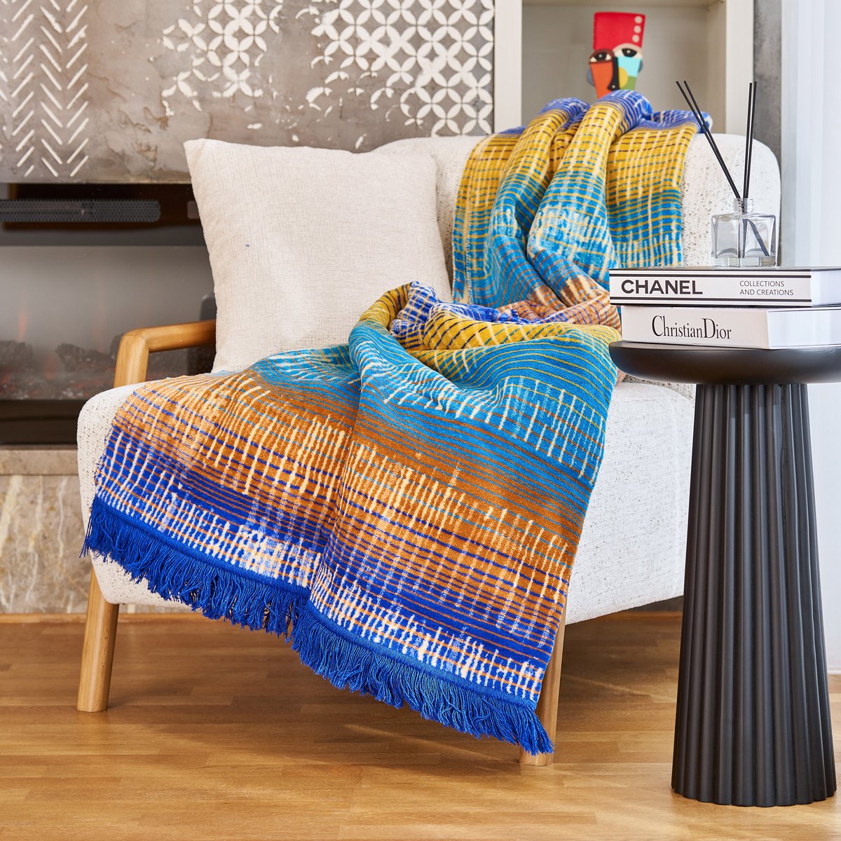 Boraboi® Katoenen Deken- 150x200 cm ,(Blauw,Bruin,wit,geel) 500 GSM – Ademend & Zacht – Dubbelzijdig – Vier Seizoenen