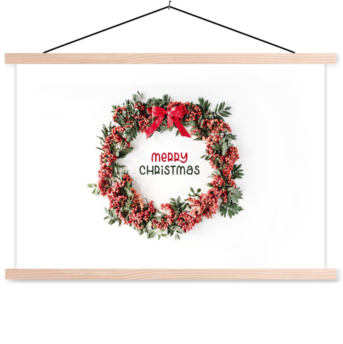 Posterhanger incl. Poster 120x80 cm - Schoolplaat - Winter - Mistletoe - Kerstkrans - Textielposter - Blanke latten