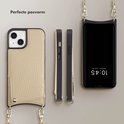 Beige telefoonhoesje met leertextuur, koord, en een pashouder.