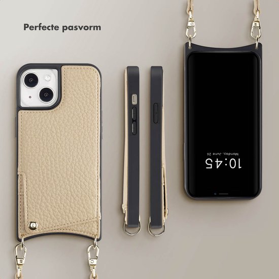 Beige telefoonhoesje met leertextuur, koord, en een pashouder.