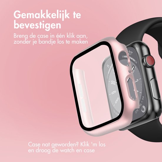 Rosegouden smartwatch case, die gemakkelijk te bevestigen is aan een Apple Watch.