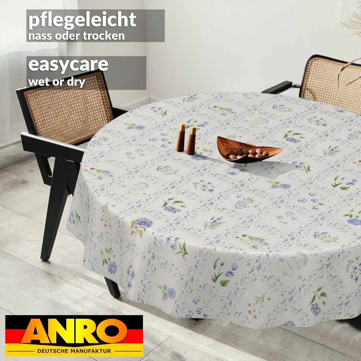 Wasbare Olieverf Tafelkleed Rond 140 cm Waterafstotend Bloem Motief Blauw