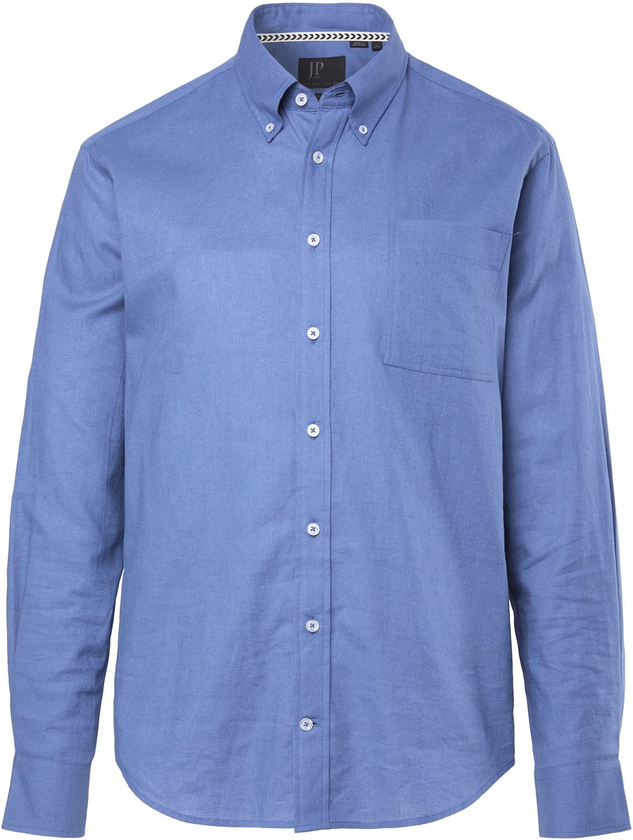JP 1880 - Heren - Overhemd van een linnenmix lange mouwen button-down kraag - Atlantisch blauw - Maat 7XL