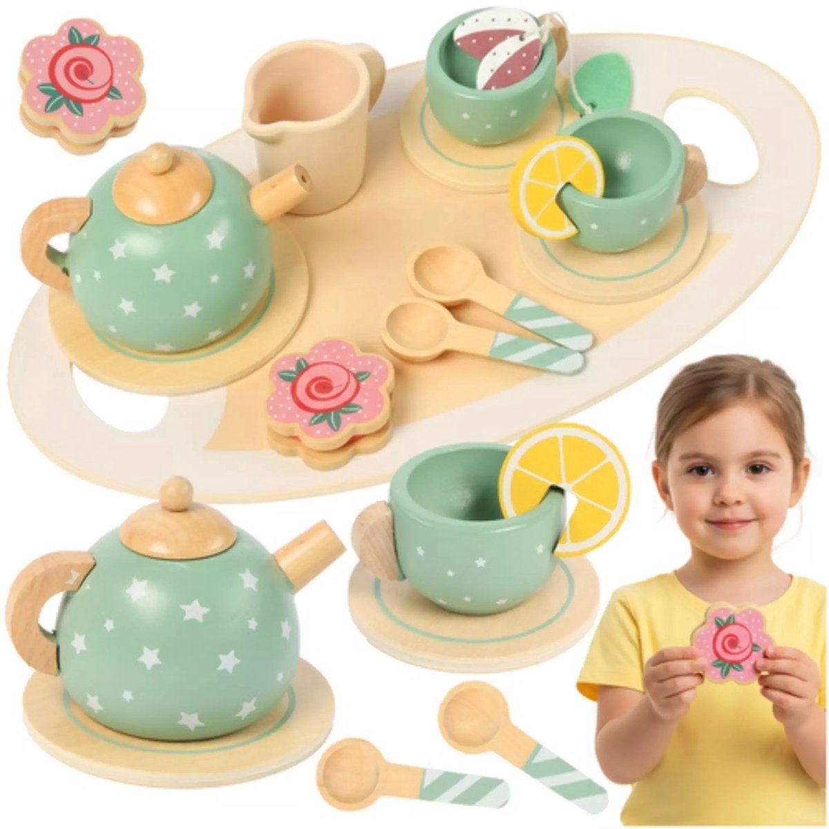 Bobbel Home - Houten Theeservies - Theeservies Speelgoed - Kinder servies - Houten Speelgoed - Kinderservies set - Theeset met Dienblad - 15 Delig - Rollenspel Speelgoed Kinderen 3+