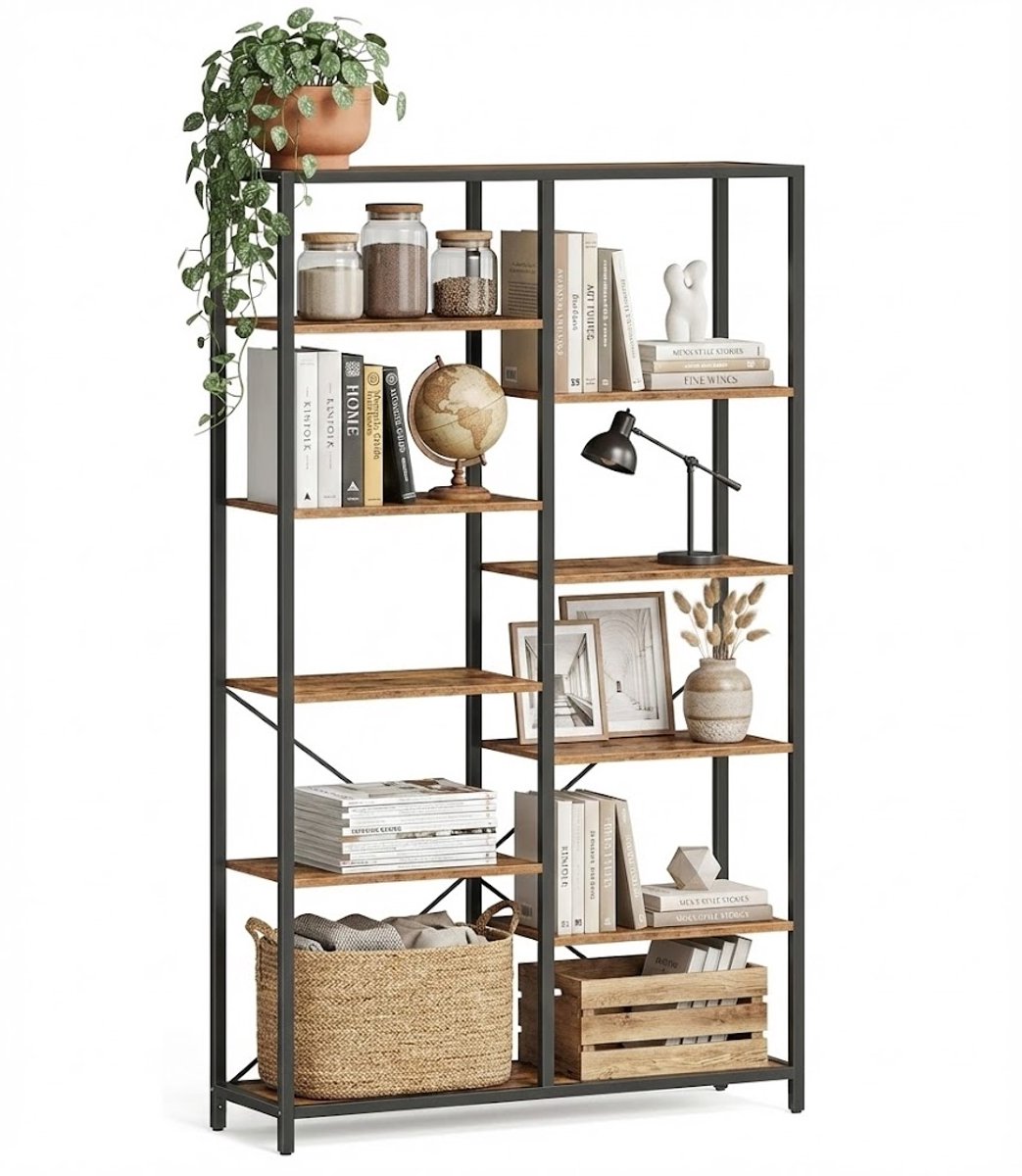 MAZAZU Boekenkast Industrieel - Boekenrek - Open Kast - Metaal - 100x30x170 cm - Vintage Bruin