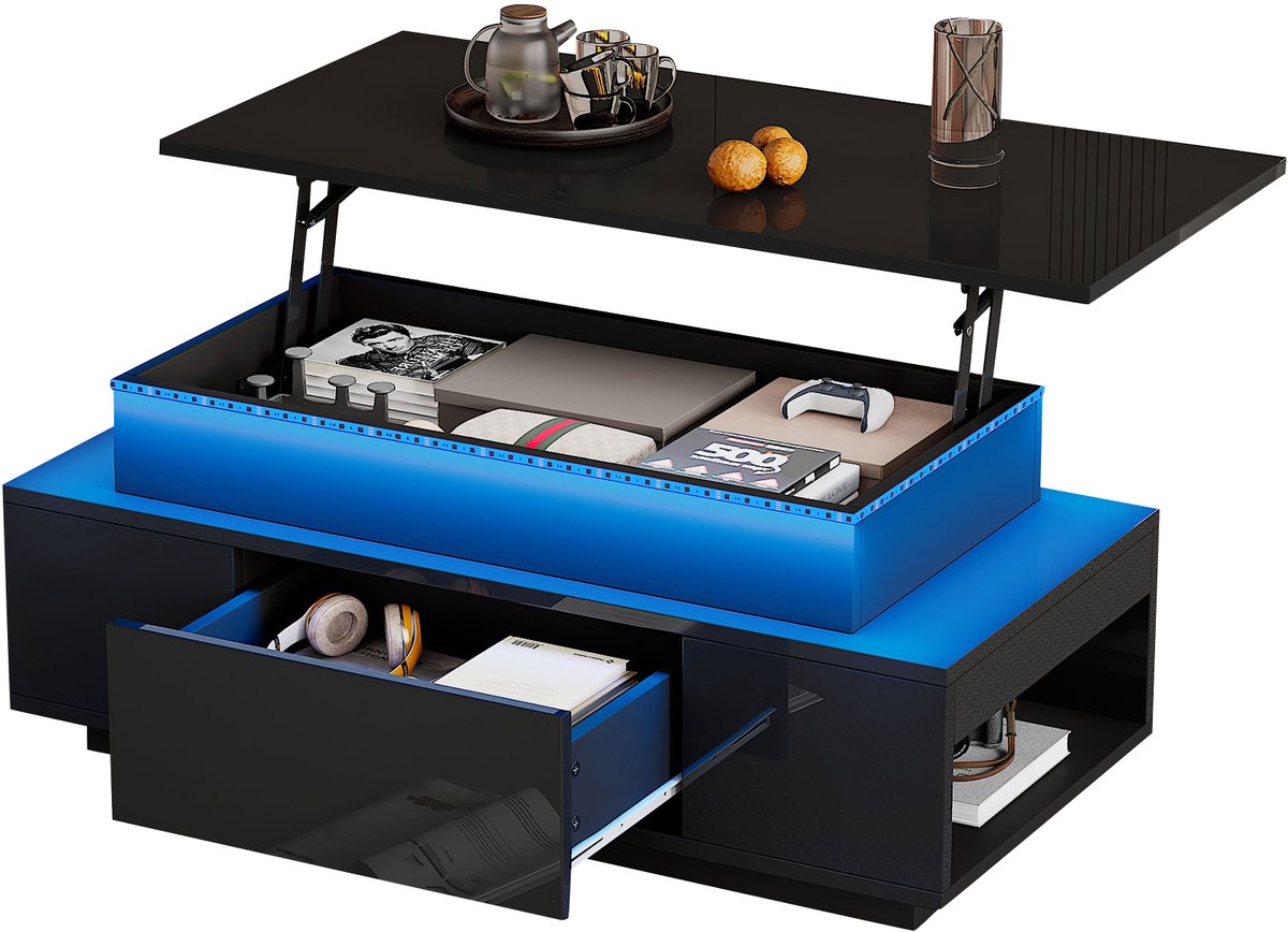 MODFU Salontafel 96×45×40 cm – Hydraulisch verstelbaar met opbergruimte & lade – Hoogglans zwart – LED-sfeerverlichting – Moderne woonkamer tafel – Spaanplaat – Zwart