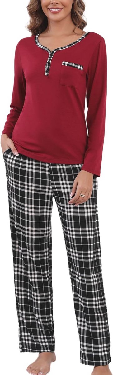 Pyjama met lange mouwen voor dames - V-hals pyjama's met geruite broek en zachte loungewear