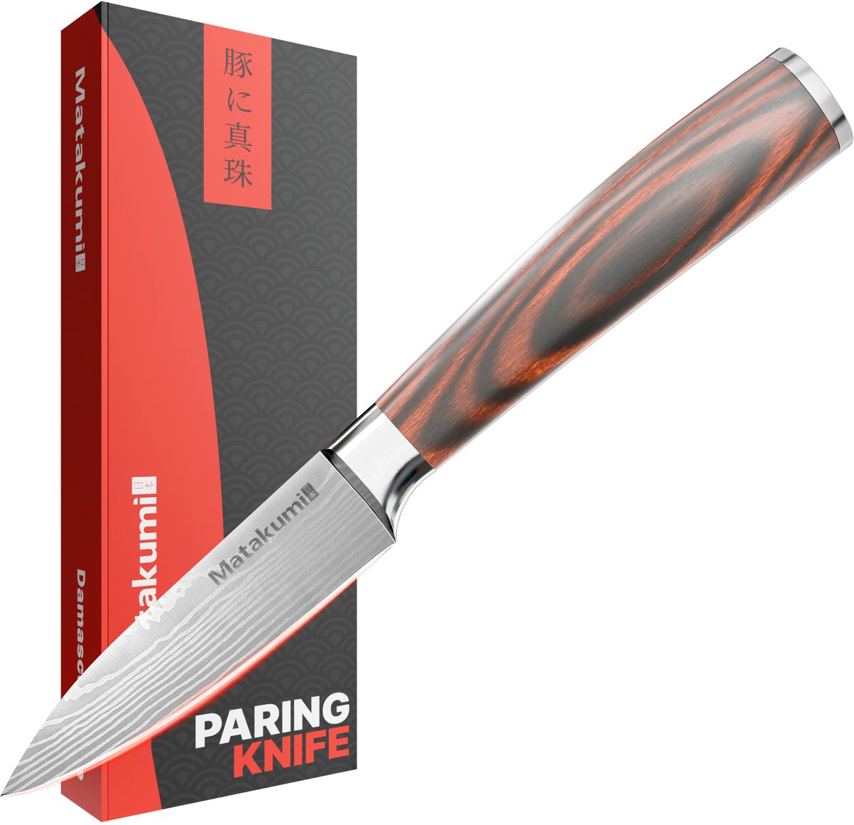 Matakumi Schilmes 9 cm - Dunschiller met Carbon Staal Lemmet, Rozenhouten Ergonomisch Handvat, Damascus Patroon – Schilmessen, Fruitmes, Aardappelschilmes (58 HRC)