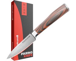 Matakumi Schilmes 9 cm - Dunschiller met Carbon Staal Lemmet, Pakkahouten Ergonomisch Handvat, Damascus Patroon – Schilmessen, Fruitmes, Aardappelschilmes (58 HRC)