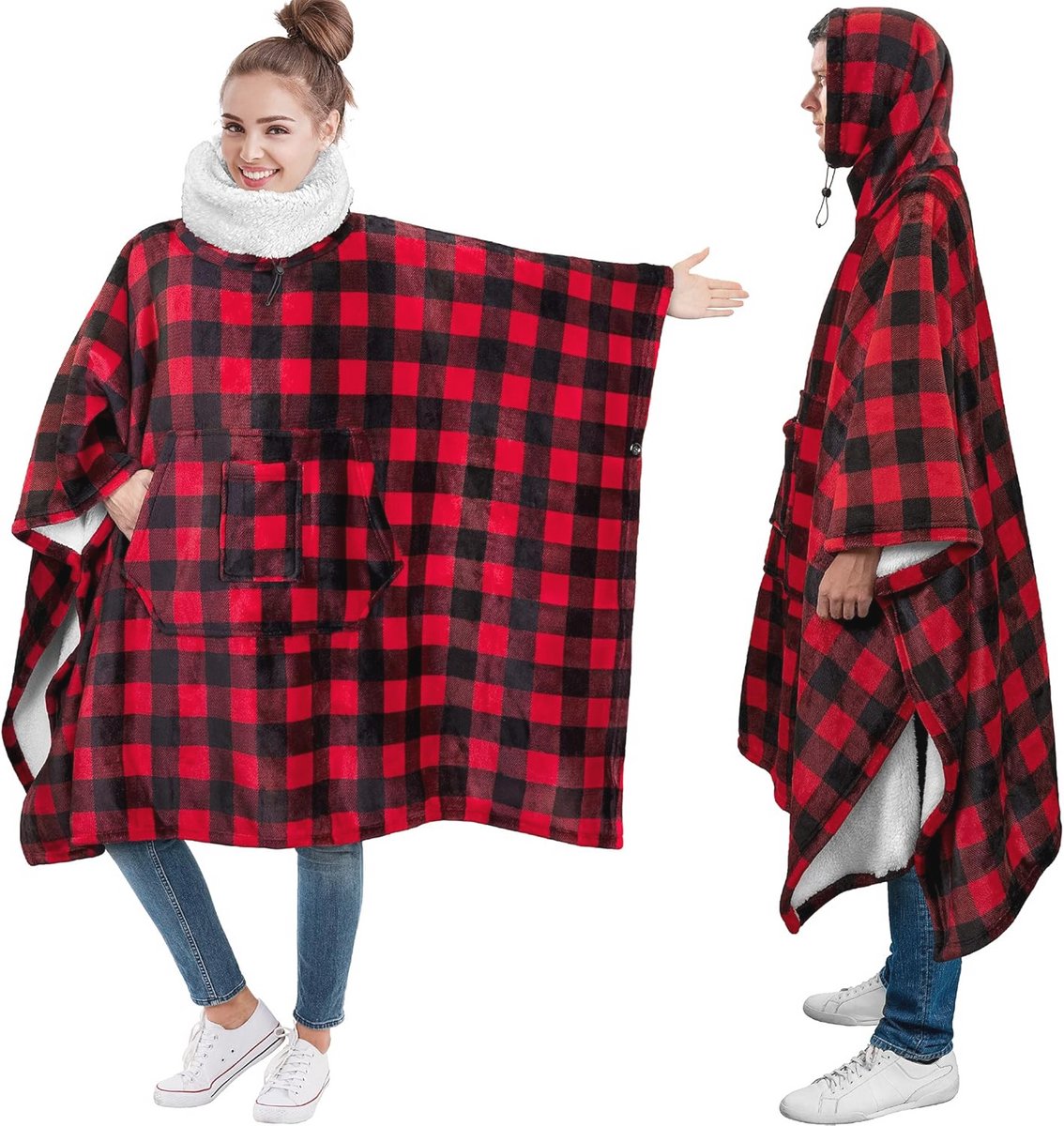 Draagbare deken poncho voor volwassenen - Oversized hoodie en nekwarmer
