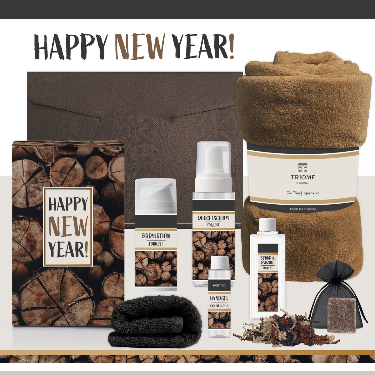 Geschenkset "Happy New Year" - 7 Producten - 1400 gram - Triomf Cosmetica | Luxe cadeauset voor hem haar Wellness Kerstpakket Cadeau Gelukkig Nieuwjaar jaar 2027 Eindejaarsgeschenk man vrouw Pakket fijne Jaarwisseling Gift Set Oud Nieuw Forrest Goud