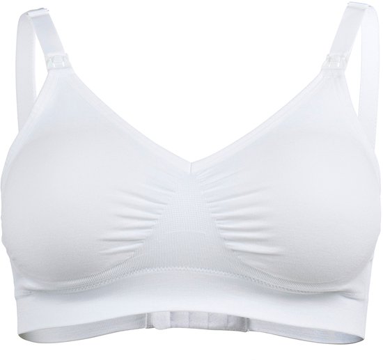 Witte Medela voedingsbh met V-hals, naadloze stof en verstelbare bandjes, witte achtergrond.