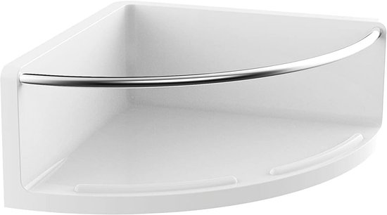 Een witte, ronde douche hoekmand met een glanzende stang aan de voorkant.