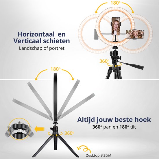 Illustratie van een ringlamp op statief die horizontaal en verticaal te draaien is. De lamp beweegt 180° en 360°.