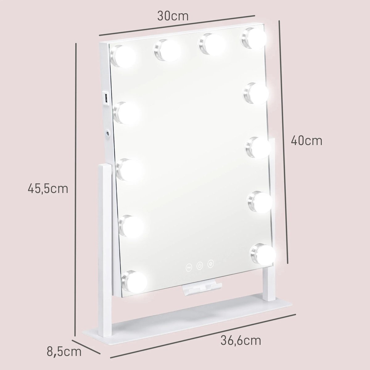 Make Up Spiegel-Hollywood Spiegel 30x40cm-Met 12 Led Lampen- USB-C Oplaadpoort