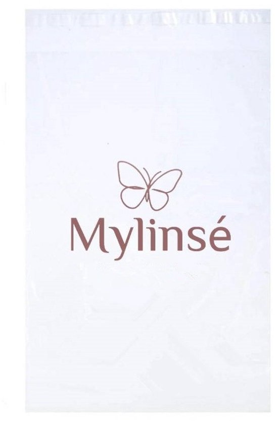Witte plastic verpakking met een bruin vlinderlogo en 'Mylinsé' merknaam.