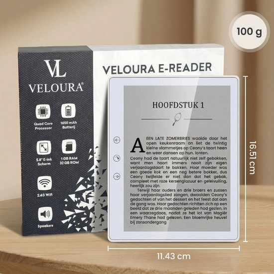 Veloura e-reader (11.43 x 16.51 cm) met 5.5" e-ink scherm, 32GB opslag, Quad Core processor, 1650 mAh batterij en 2.4G Wifi.
